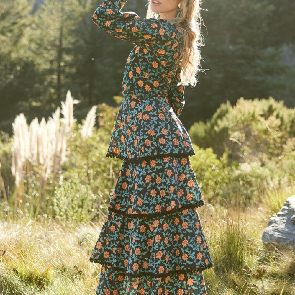 Brenda Tiered Skirt - Faded Black/Bright Clementine & Moss Floral - Picture 2 of 7